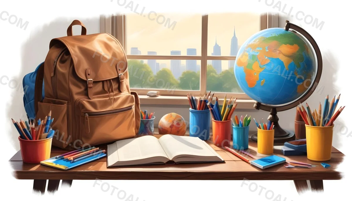 Digital Painting A Brown Backpack An Open Book Colored Pencils A Globe And Other School Supplies Arranged On A Wooden Table In Daylight With A Window View In The Background Bold And Slim Lines Brush Strokes 4 E2f4