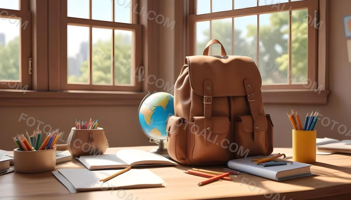 Digital Painting A Brown Backpack An Open Book Colored Pencils A Globe And Other School Supplies Arranged On A Wooden Table In Daylight With A Window View In The Background Bold And Slim Lines Brush Strokes 5 37bf