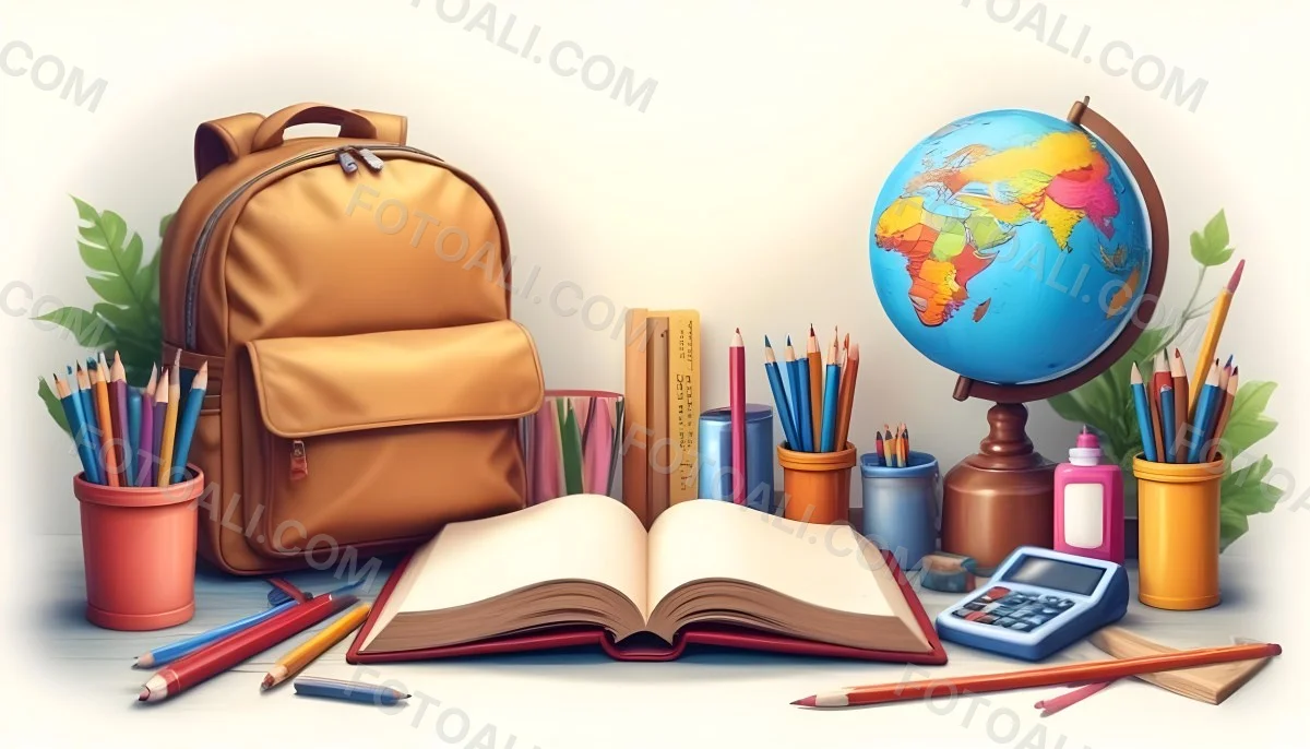 Digital Painting A Brown Backpack An Open Book Colored Pencils A Globe And Other School Supplies Arranged On A Wooden Table In Daylight With A Window View In The Background Bold And Slim Lines Brush Strokes 7 B7dc