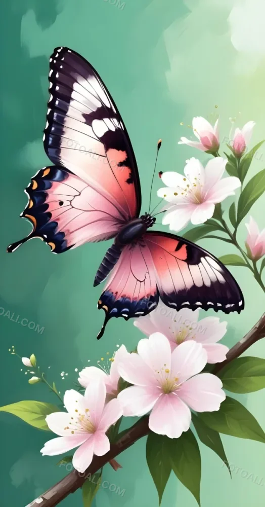Digital Painting A Butterfly On A Branch With White Flowers With Pink Pistils Green Leaves And A Few Pink Buds In A Bright Environment Bold And Slim Lines Brush Strokes 2 6d38