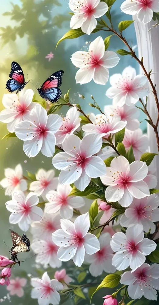 Digital Painting A Butterfly On A Branch With White Flowers With Pink Pistils Green Leaves And A Few Pink Buds In A Bright Environment Bold And Slim Lines Brush Strokes 23 056a