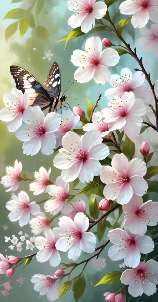 Digital Painting A Butterfly On A Branch With White Flowers With Pink Pistils Green Leaves And A Few Pink Buds In A Bright Environment Bold And Slim Lines Brush Strokes 29 5ec9