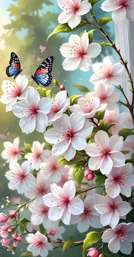 Digital Painting A Butterfly On A Branch With White Flowers With Pink Pistils Green Leaves And A Few Pink Buds In A Bright Environment Bold And Slim Lines Brush Strokes 31 Aded