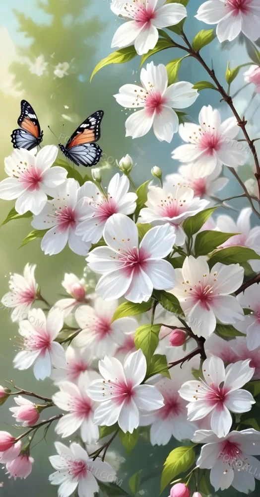 Digital Painting A Butterfly On A Branch With White Flowers With Pink Pistils Green Leaves And A Few Pink Buds In A Bright Environment Bold And Slim Lines Brush Strokes 34 7fc9
