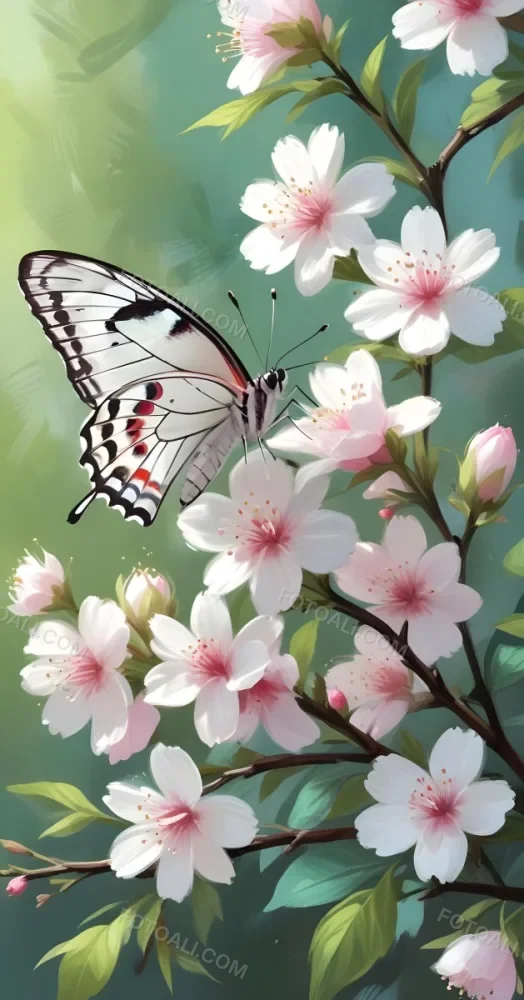 Digital Painting A Butterfly On A Branch With White Flowers With Pink Pistils Green Leaves And A Few Pink Buds In A Bright Environment Bold And Slim Lines Brush Strokes 35 E4f0