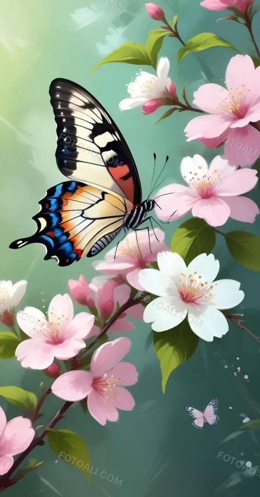 Digital Painting A Butterfly On A Branch With White Flowers With Pink Pistils Green Leaves And A Few Pink Buds In A Bright Environment Bold And Slim Lines Brush Strokes 39 2a6c