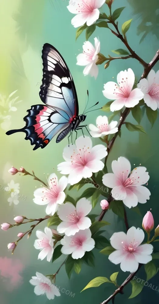 Digital Painting A Butterfly On A Branch With White Flowers With Pink Pistils Green Leaves And A Few Pink Buds In A Bright Environment Bold And Slim Lines Brush Strokes 4 25f5