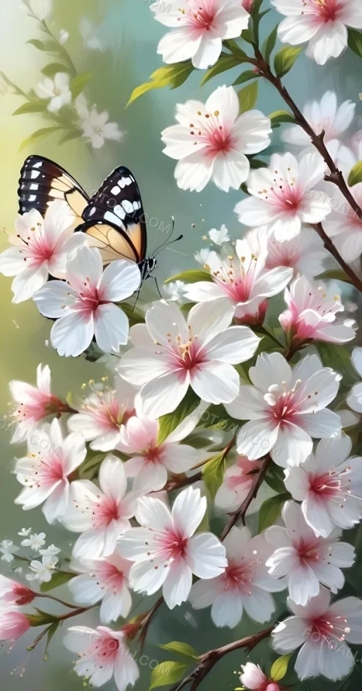 Digital Painting A Butterfly On A Branch With White Flowers With Pink Pistils Green Leaves And A Few Pink Buds In A Bright Environment Bold And Slim Lines Brush Strokes 5 9c6c