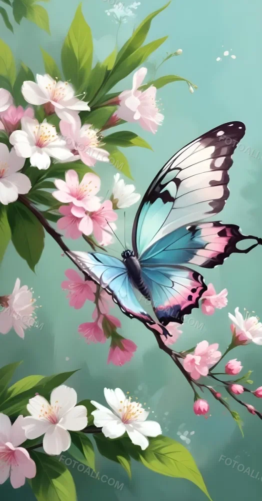 Digital Painting A Butterfly On A Branch With White Flowers With Pink Pistils Green Leaves And A Few Pink Buds In A Bright Environment Bold And Slim Lines Brush Strokes 6 3c16
