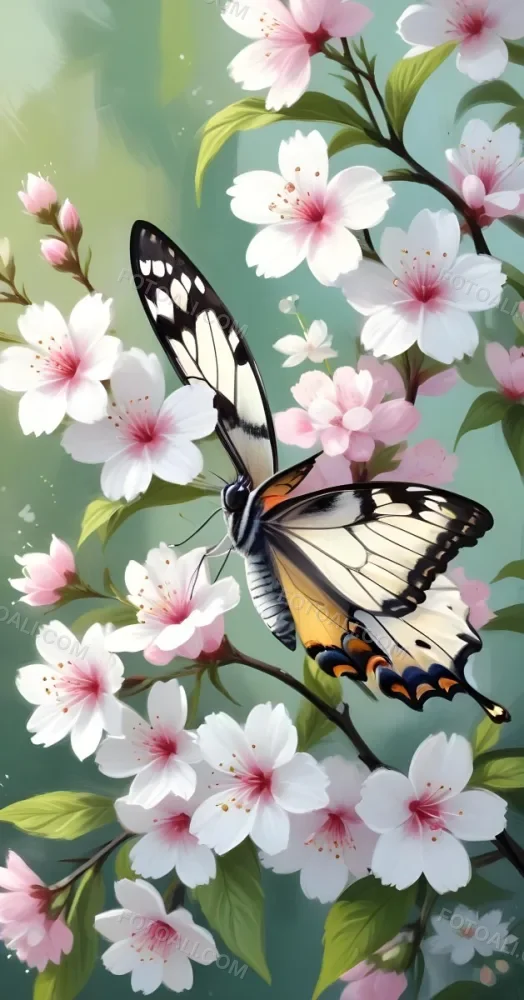 Digital Painting A Butterfly On A Branch With White Flowers With Pink Pistils Green Leaves And A Few Pink Buds In A Bright Environment Bold And Slim Lines Brush Strokes 7 E261