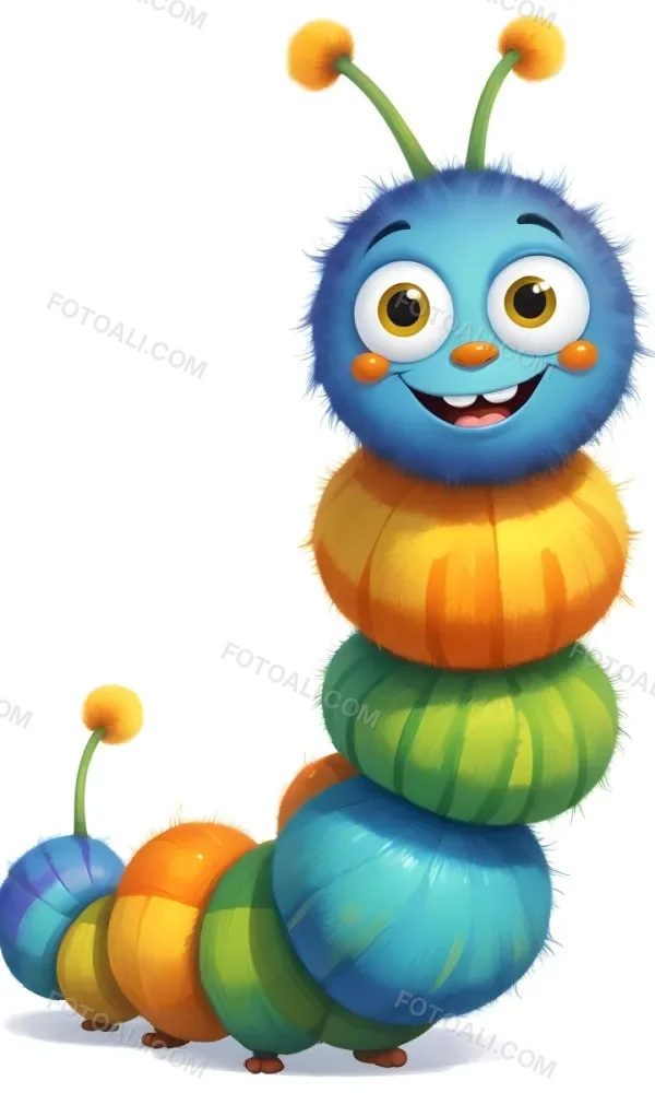 Digital Painting A Cartoon Caterpillar Character With A Yellow Head And Orange Nose Featuring A Stack Of Colorful Round Segments In Orange Yellow Green And Blue The Caterpillar Has Large Expressive Eyes And A Smi 13 7b63