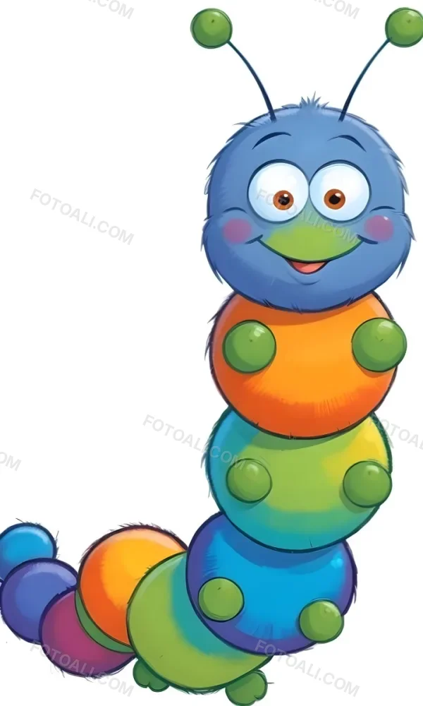 Digital Painting A Cartoon Caterpillar Character With A Yellow Head And Orange Nose Featuring A Stack Of Colorful Round Segments In Orange Yellow Green And Blue The Caterpillar Has Large Expressive Eyes And A Smi 16 A18d