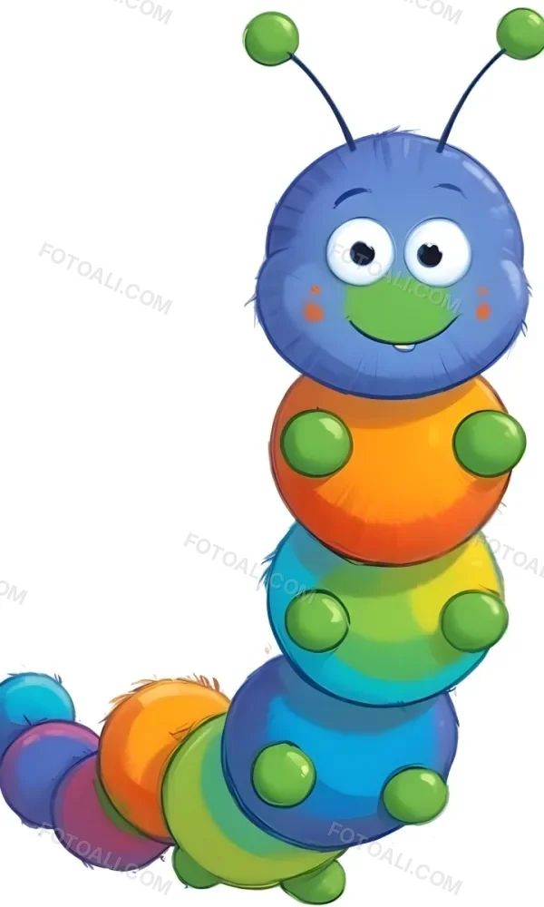 Digital Painting A Cartoon Caterpillar Character With A Yellow Head And Orange Nose Featuring A Stack Of Colorful Round Segments In Orange Yellow Green And Blue The Caterpillar Has Large Expressive Eyes And A Smi 17 Bdb5