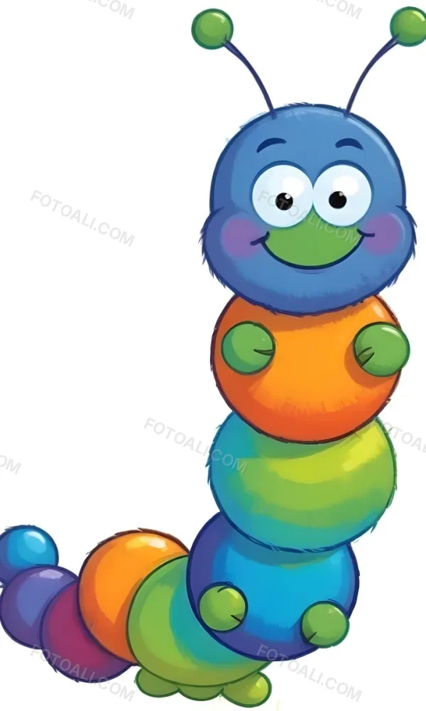 Digital Painting A Cartoon Caterpillar Character With A Yellow Head And Orange Nose Featuring A Stack Of Colorful Round Segments In Orange Yellow Green And Blue The Caterpillar Has Large Expressive Eyes And A Smi 18 68bc