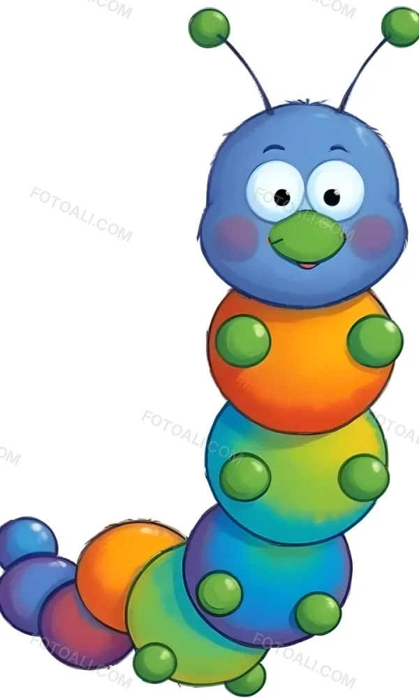 Digital Painting A Cartoon Caterpillar Character With A Yellow Head And Orange Nose Featuring A Stack Of Colorful Round Segments In Orange Yellow Green And Blue The Caterpillar Has Large Expressive Eyes And A Smi 20 292e