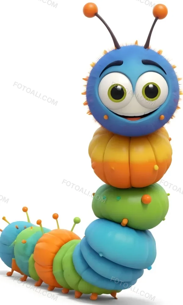 Digital Painting A Cartoon Caterpillar Character With A Yellow Head And Orange Nose Featuring A Stack Of Colorful Round Segments In Orange Yellow Green And Blue The Caterpillar Has Large Expressive Eyes And A Smi 6 48c5