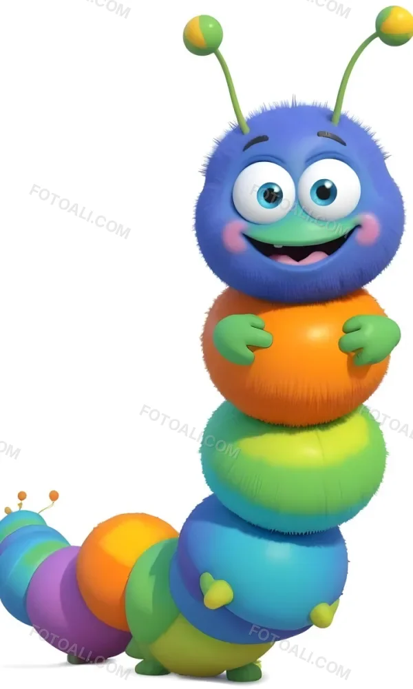 Digital Painting A Cartoon Caterpillar Character With A Yellow Head And Orange Nose Featuring A Stack Of Colorful Round Segments In Orange Yellow Green And Blue The Caterpillar Has Large Expressive Eyes And A Smi 7 5801