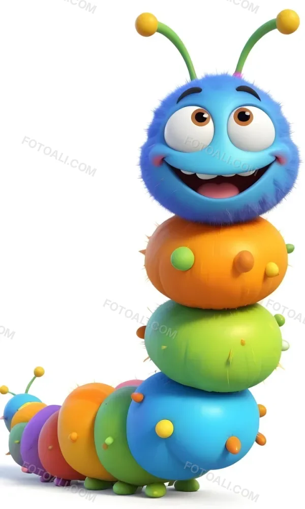 Digital Painting A Cartoon Caterpillar Character With A Yellow Head And Orange Nose Featuring A Stack Of Colorful Round Segments In Orange Yellow Green And Blue The Caterpillar Has Large Expressive Eyes And A Smi 8 86df