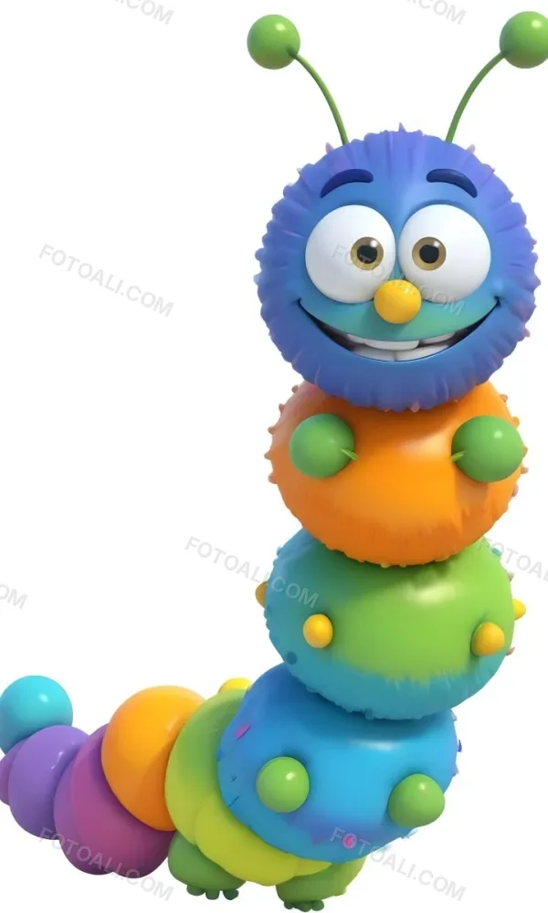 Digital Painting A Cartoon Caterpillar Character With A Yellow Head And Orange Nose Featuring A Stack Of Colorful Round Segments In Orange Yellow Green And Blue The Caterpillar Has Large Expressive Eyes And A Smi 9 055e
