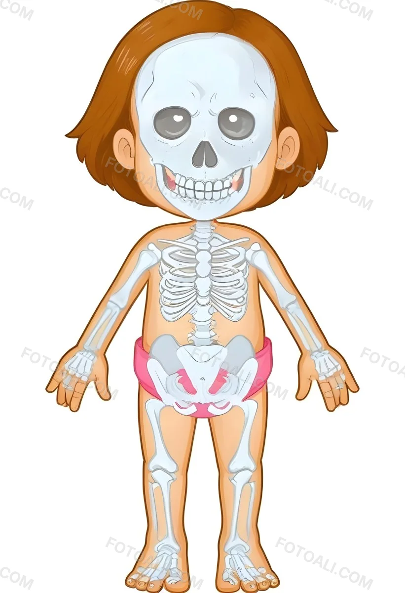 Digital Painting A Cartoon Character With A Skeleton Design Featuring A Smiling Skull For A Head And A Childlike Body The Character Has Brown Hair And Is Depicted With A Light Skin Tone The Skeleton Is Prominently Dis 11 D56e