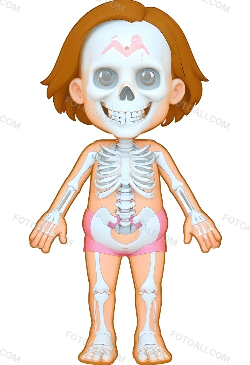 Digital Painting A Cartoon Character With A Skeleton Design Featuring A Smiling Skull For A Head And A Childlike Body The Character Has Brown Hair And Is Depicted With A Light Skin Tone The Skeleton Is Prominently Dis 12 Ff45