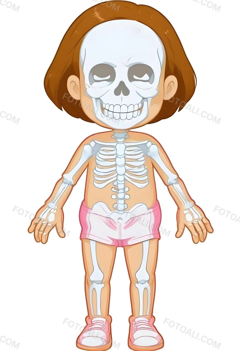 Digital Painting A Cartoon Character With A Skeleton Design Featuring A Smiling Skull For A Head And A Childlike Body The Character Has Brown Hair And Is Depicted With A Light Skin Tone The Skeleton Is Prominently Dis 15 558c