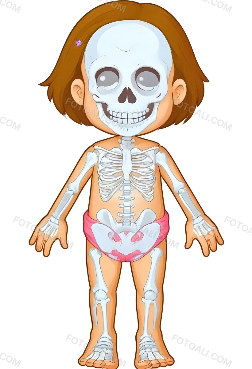 Digital Painting A Cartoon Character With A Skeleton Design Featuring A Smiling Skull For A Head And A Childlike Body The Character Has Brown Hair And Is Depicted With A Light Skin Tone The Skeleton Is Prominently Dis 17 0d94