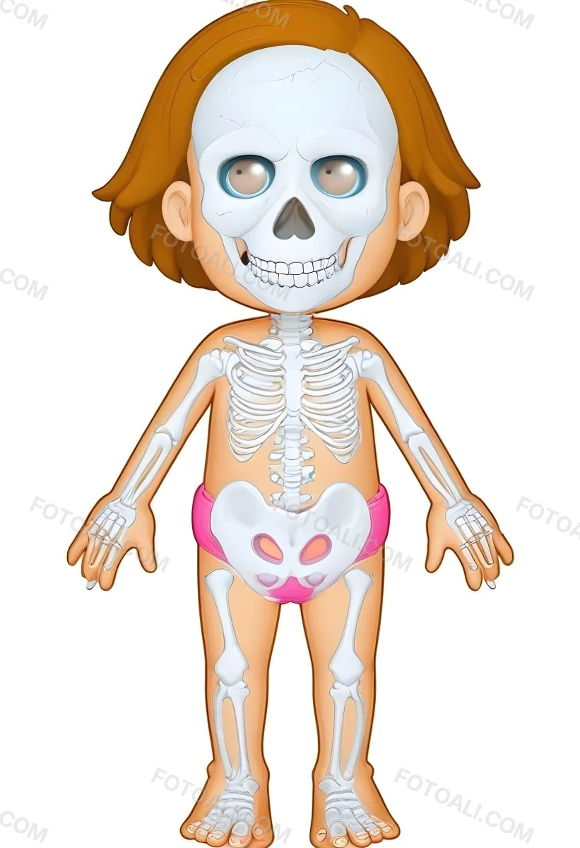 Digital Painting A Cartoon Character With A Skeleton Design Featuring A Smiling Skull For A Head And A Childlike Body The Character Has Brown Hair And Is Depicted With A Light Skin Tone The Skeleton Is Prominently Dis 21 0f69