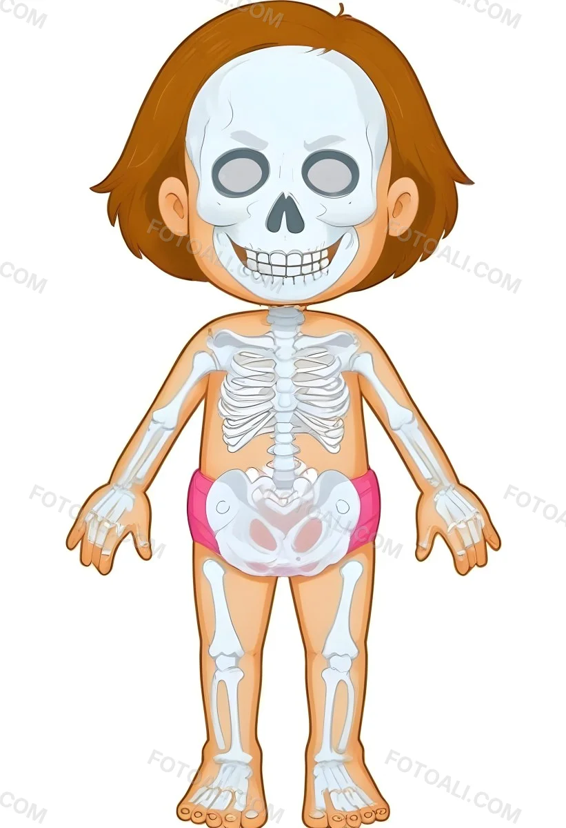 Digital Painting A Cartoon Character With A Skeleton Design Featuring A Smiling Skull For A Head And A Childlike Body The Character Has Brown Hair And Is Depicted With A Light Skin Tone The Skeleton Is Prominently Dis 22 87c4