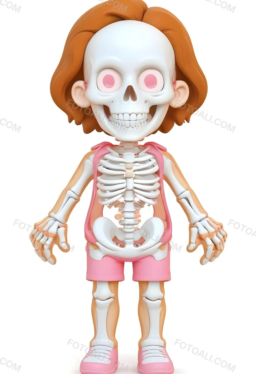 Digital Painting A Cartoon Character With A Skeleton Design Featuring A Smiling Skull For A Head And A Childlike Body The Character Has Brown Hair And Is Depicted With A Light Skin Tone The Skeleton Is Prominently Dis 23 3fb5