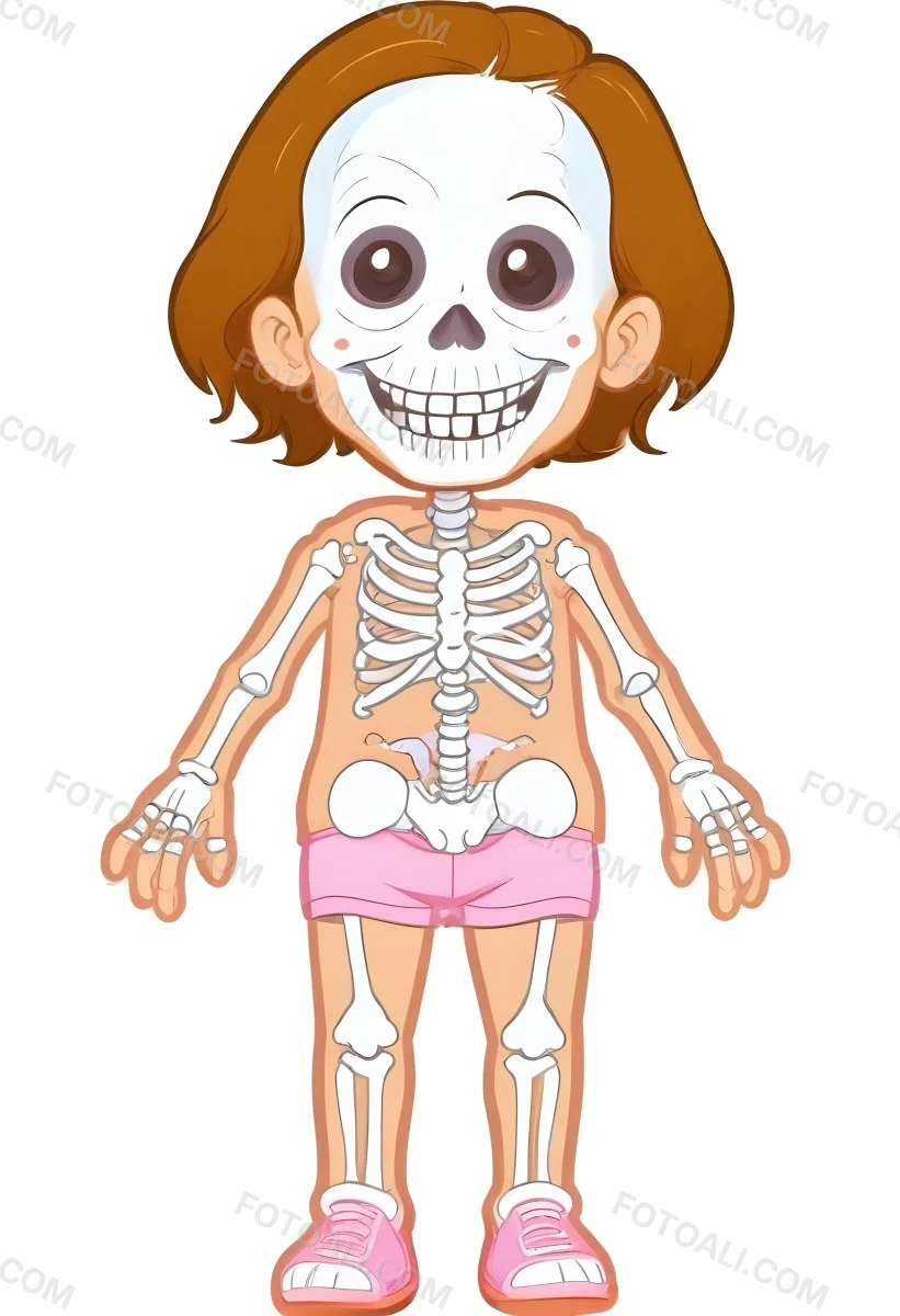 Digital Painting A Cartoon Character With A Skeleton Design Featuring A Smiling Skull For A Head And A Childlike Body The Character Has Brown Hair And Is Depicted With A Light Skin Tone The Skeleton Is Prominently Dis 24 F649