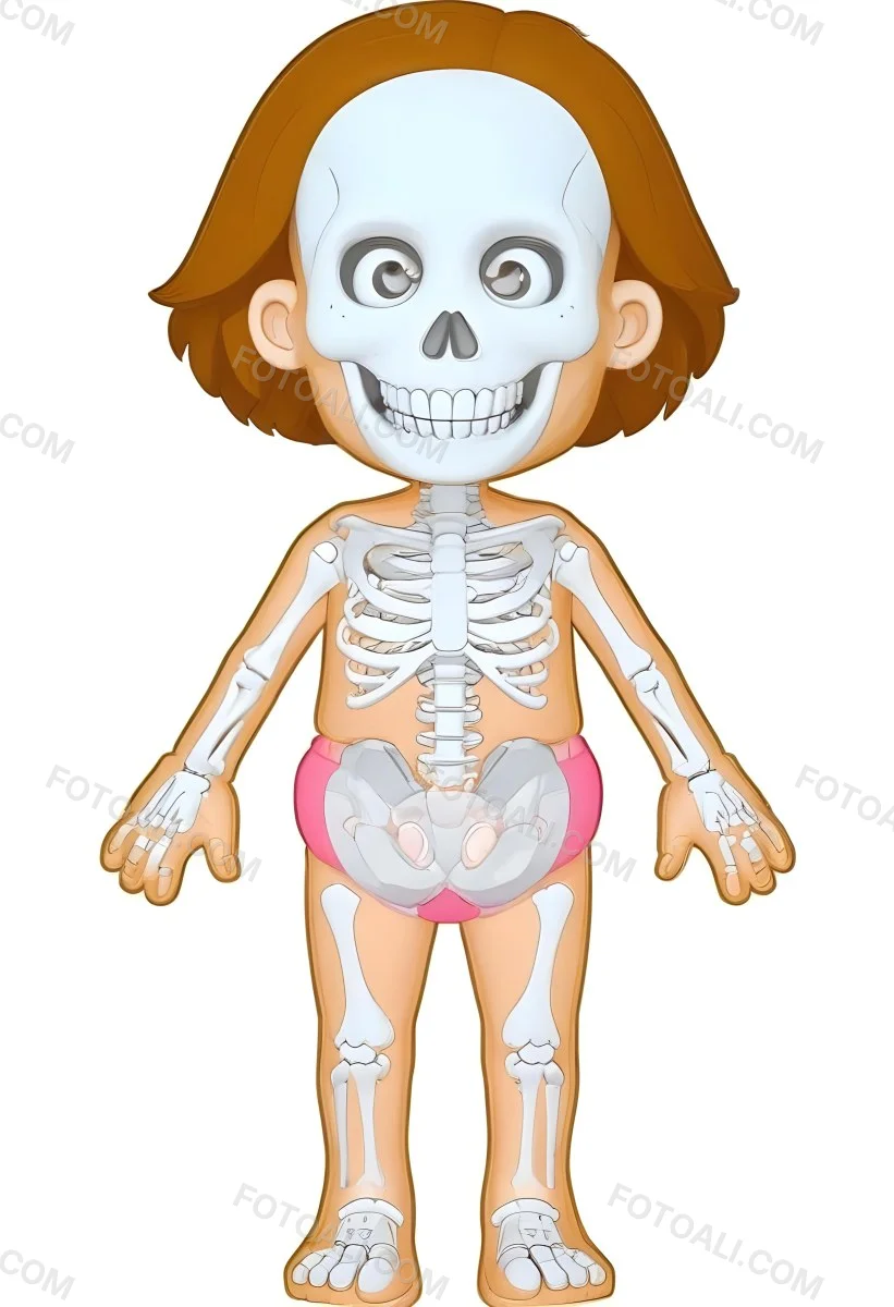 Digital Painting A Cartoon Character With A Skeleton Design Featuring A Smiling Skull For A Head And A Childlike Body The Character Has Brown Hair And Is Depicted With A Light Skin Tone The Skeleton Is Prominently Dis 25 C593