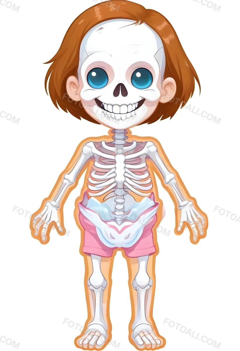 Digital Painting A Cartoon Character With A Skeleton Design Featuring A Smiling Skull For A Head And A Childlike Body The Character Has Brown Hair And Is Depicted With A Light Skin Tone The Skeleton Is Prominently Dis 26 Ae6b