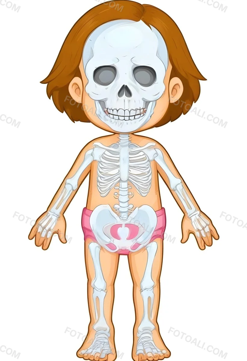 Digital Painting A Cartoon Character With A Skeleton Design Featuring A Smiling Skull For A Head And A Childlike Body The Character Has Brown Hair And Is Depicted With A Light Skin Tone The Skeleton Is Prominently Dis 28 6452