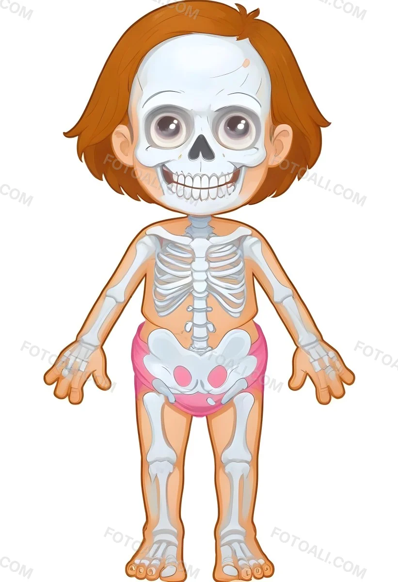 Digital Painting A Cartoon Character With A Skeleton Design Featuring A Smiling Skull For A Head And A Childlike Body The Character Has Brown Hair And Is Depicted With A Light Skin Tone The Skeleton Is Prominently Dis 30 27a5