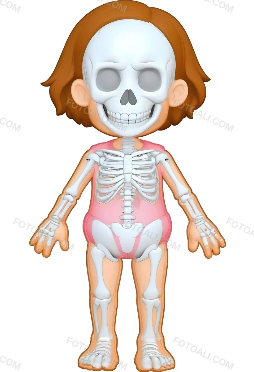 Digital Painting A Cartoon Character With A Skeleton Design Featuring A Smiling Skull For A Head And A Childlike Body The Character Has Brown Hair And Is Depicted With A Light Skin Tone The Skeleton Is Prominently Dis 4 6c2c