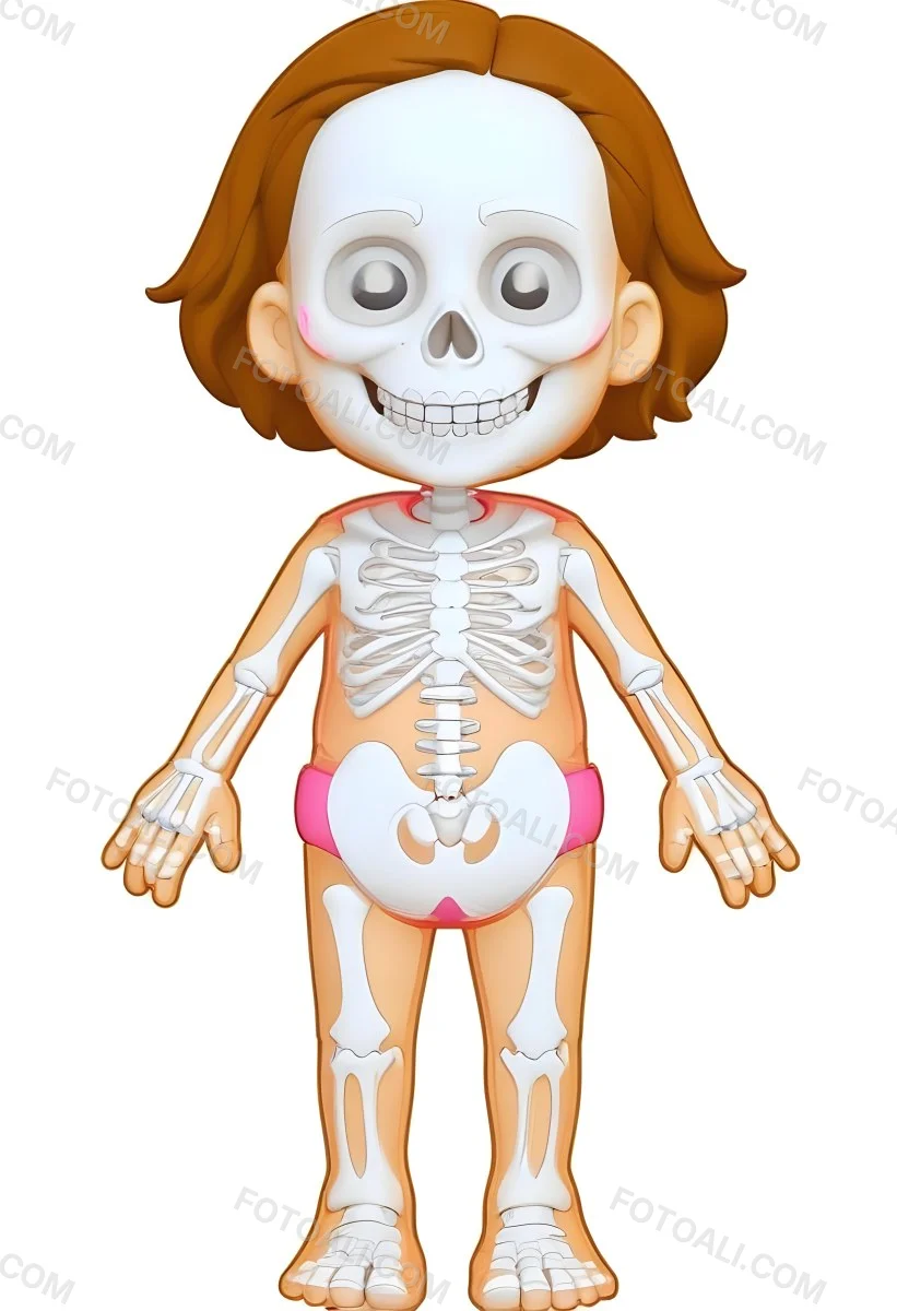 Digital Painting A Cartoon Character With A Skeleton Design Featuring A Smiling Skull For A Head And A Childlike Body The Character Has Brown Hair And Is Depicted With A Light Skin Tone The Skeleton Is Prominently Dis 5 C88d