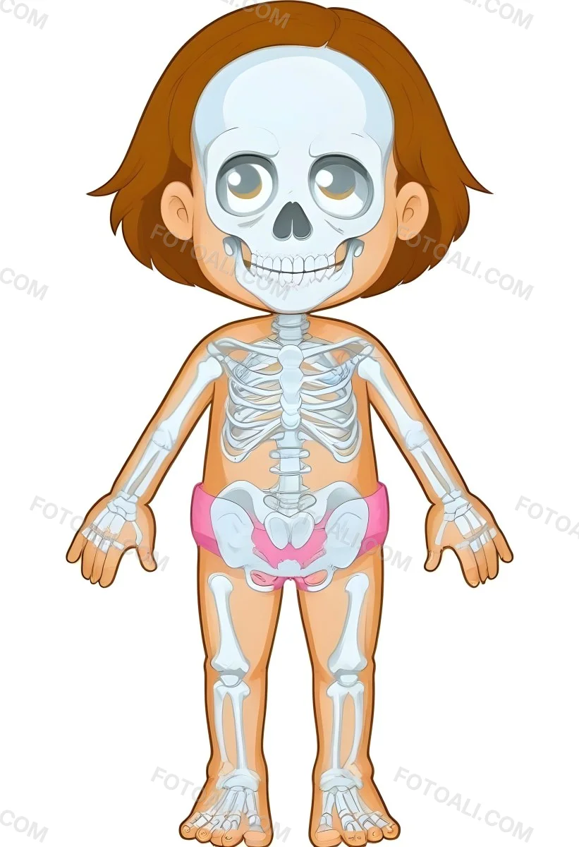Digital Painting A Cartoon Character With A Skeleton Design Featuring A Smiling Skull For A Head And A Childlike Body The Character Has Brown Hair And Is Depicted With A Light Skin Tone The Skeleton Is Prominently Dis 7 3892