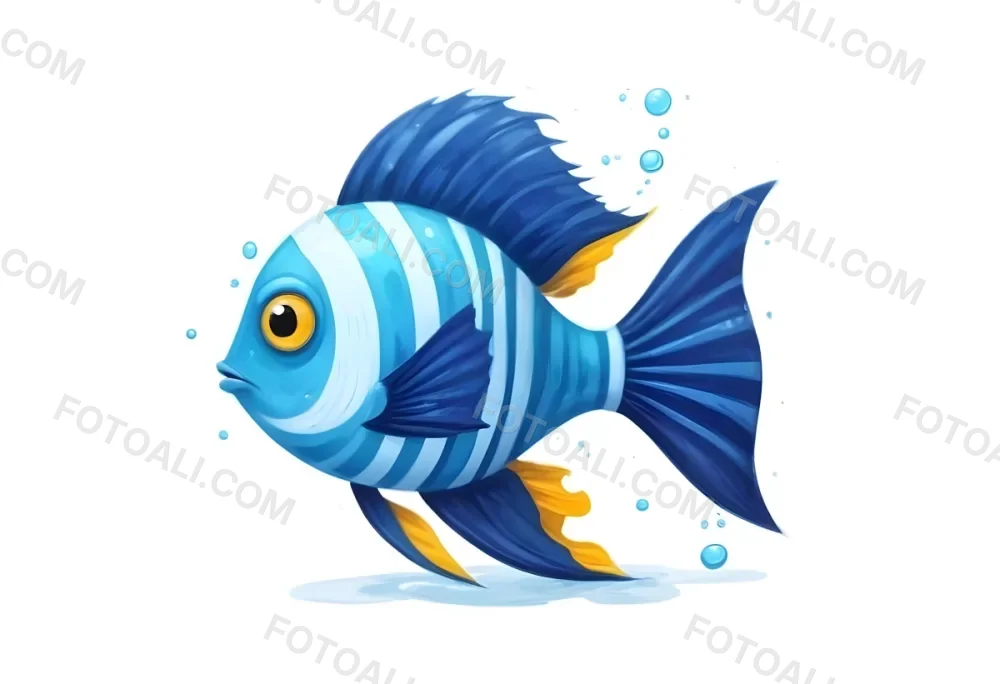 Digital Painting A Cartoon Style Fish With A Blue And Turquoise Body Featuring Stripes And A Large Eye The Fish Has Flowing Fins And A Tail With Small Bubbles Rising Around It The Background Is Plain White Bold A 4 62b0