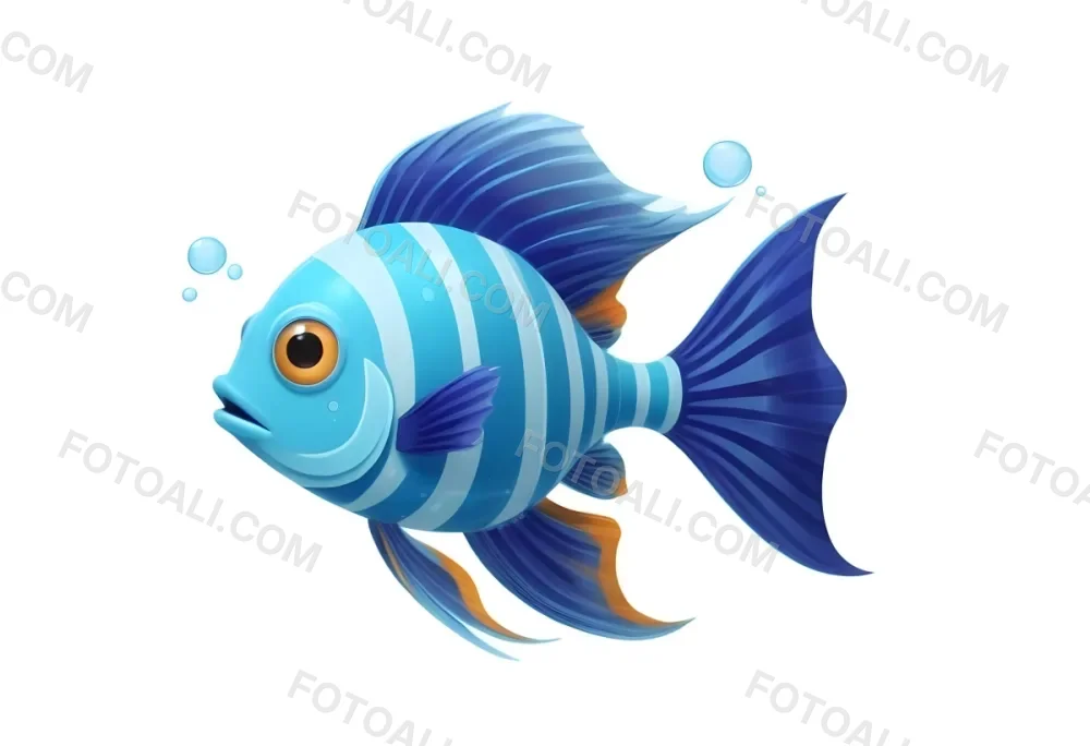 Digital Painting A Cartoon Style Fish With A Blue And Turquoise Body Featuring Stripes And A Large Eye The Fish Has Flowing Fins And A Tail With Small Bubbles Rising Around It The Background Is Plain White Bold A 85 6287