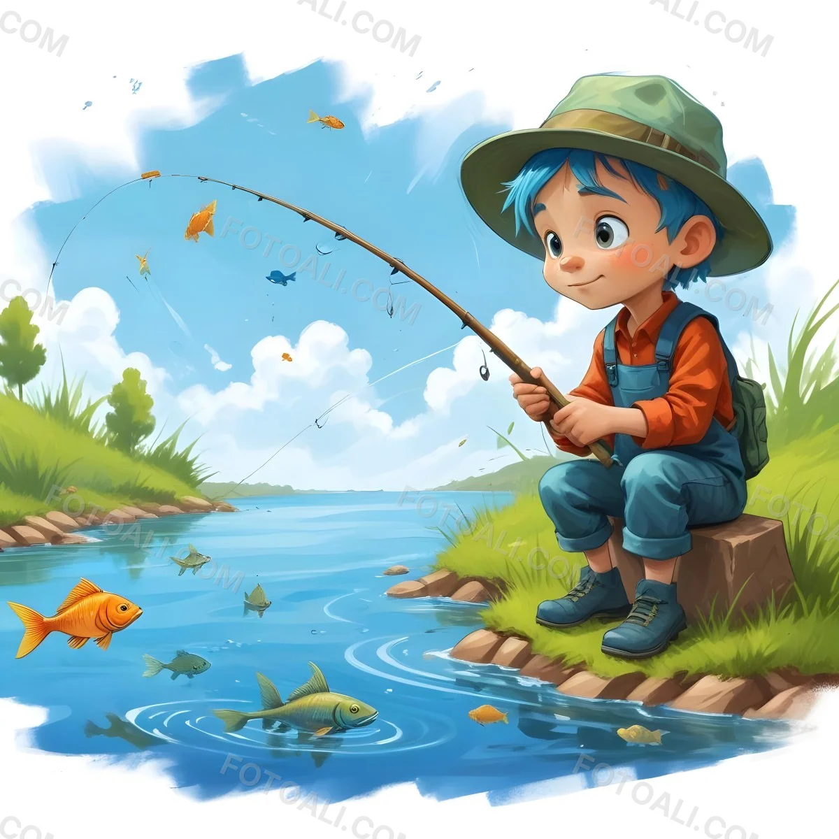 Digital Painting A Caucasian Boy Age 7 With Blue Hair And A Blue Hat Fishing In A River With Some Fishes Green Grass And Blue Sky Bold And Slim Lines Brush Strokes 10 6800