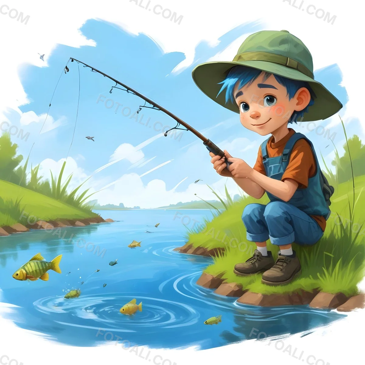 Digital Painting A Caucasian Boy Age 7 With Blue Hair And A Blue Hat Fishing In A River With Some Fishes Green Grass And Blue Sky Bold And Slim Lines Brush Strokes 11 6c8a