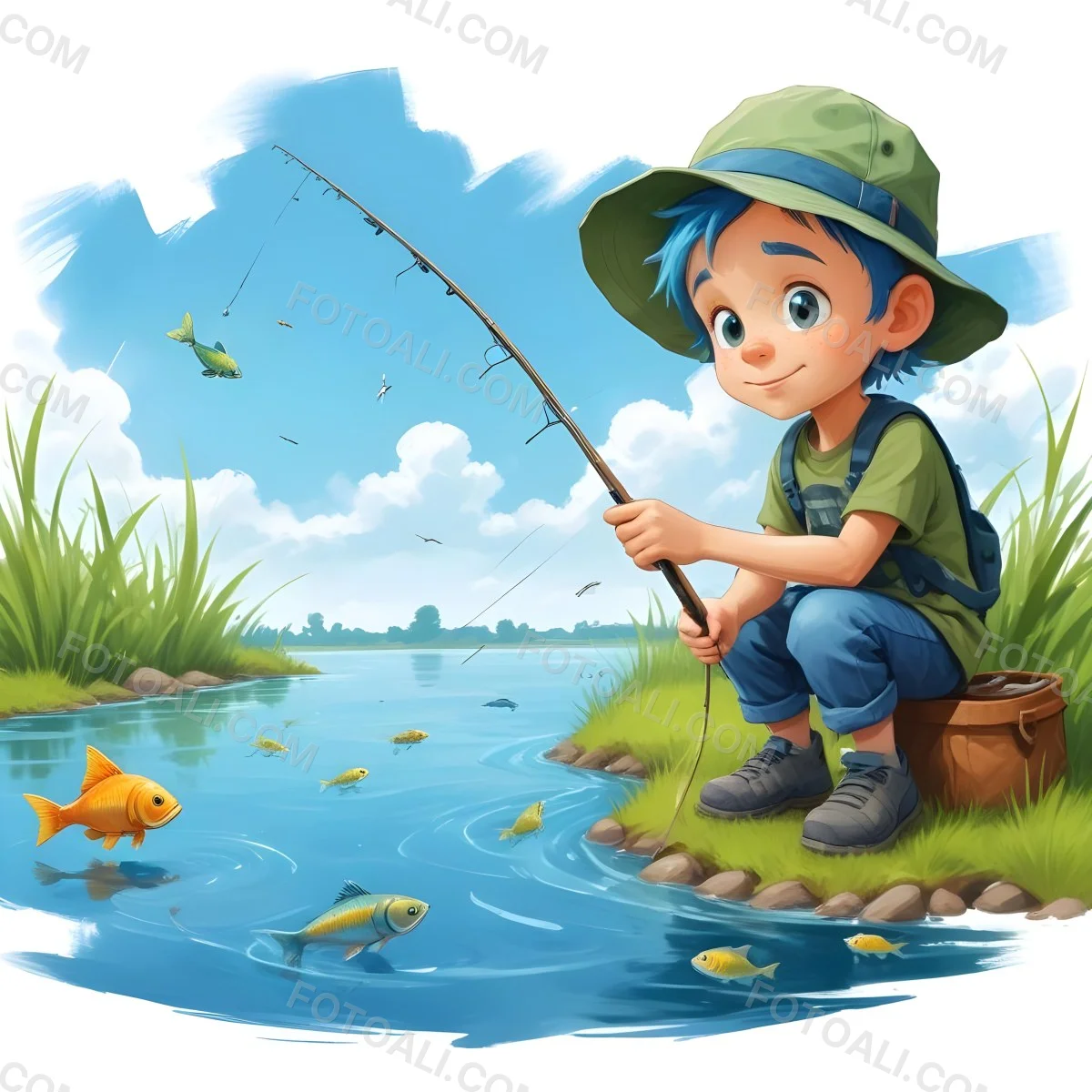Digital Painting A Caucasian Boy Age 7 With Blue Hair And A Blue Hat Fishing In A River With Some Fishes Green Grass And Blue Sky Bold And Slim Lines Brush Strokes 2 2503