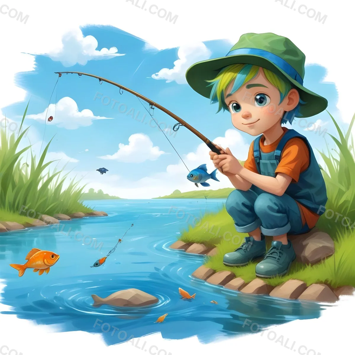 Digital Painting A Caucasian Boy Age 7 With Blue Hair And A Blue Hat Fishing In A River With Some Fishes Green Grass And Blue Sky Bold And Slim Lines Brush Strokes 4 A1e4
