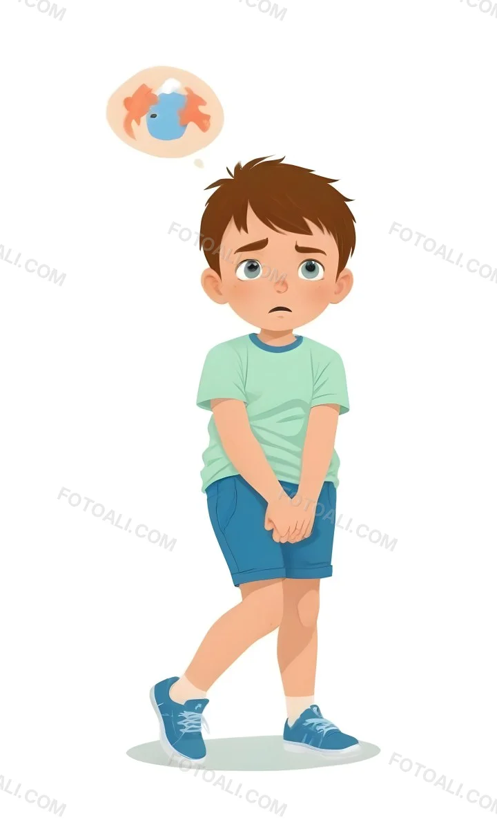 Digital Painting A Caucasian Boy Age 8 With White Hair Wearing A Green T Shirt And Blue Shorts Holding His Crotch With A Worried Expression White Background Bold And Slim Lines Brush Strokes 2 7c0a