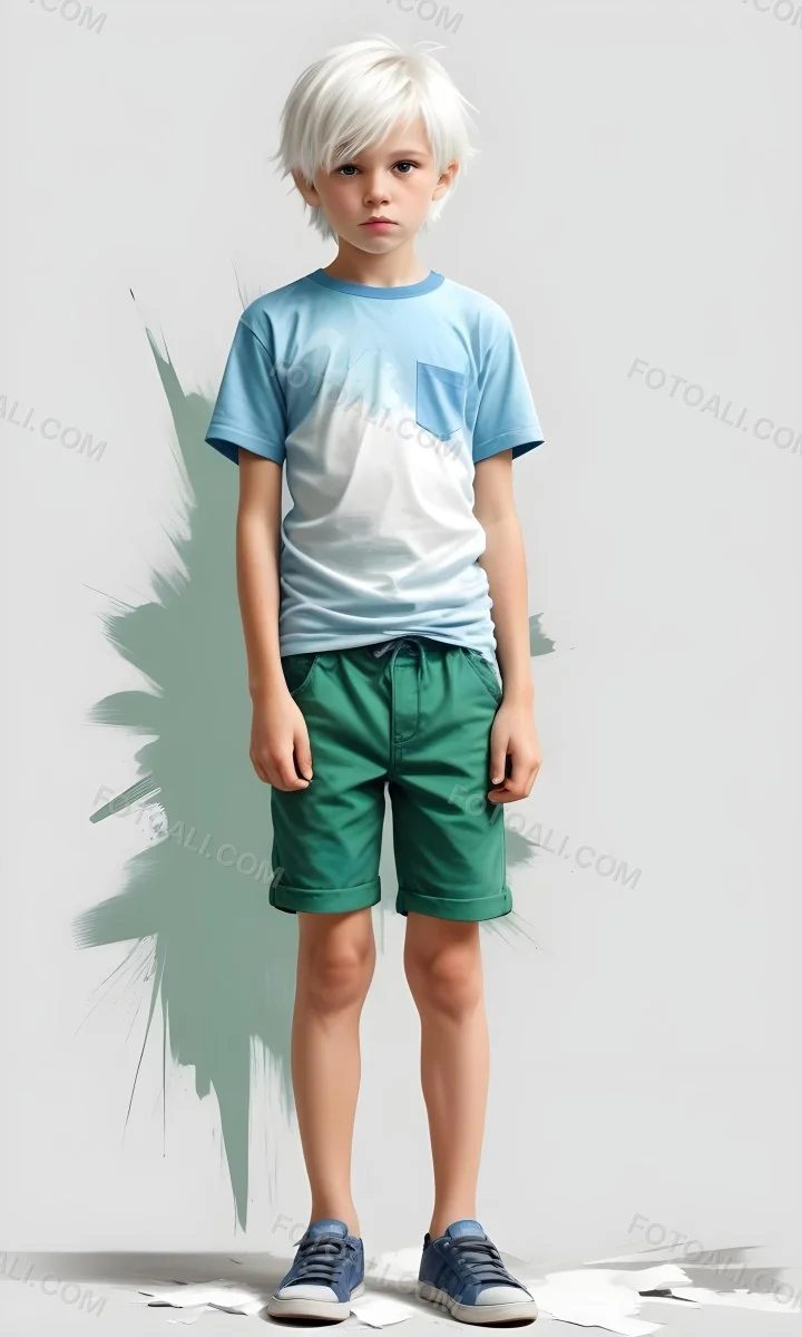 Digital Painting A Caucasian Boy Age 8 With White Hair Wearing A Green T Shirt And Blue Shorts Holding His Crotch With A Worried Expression White Background Bold And Slim Lines Brush Strokes 21 0c12