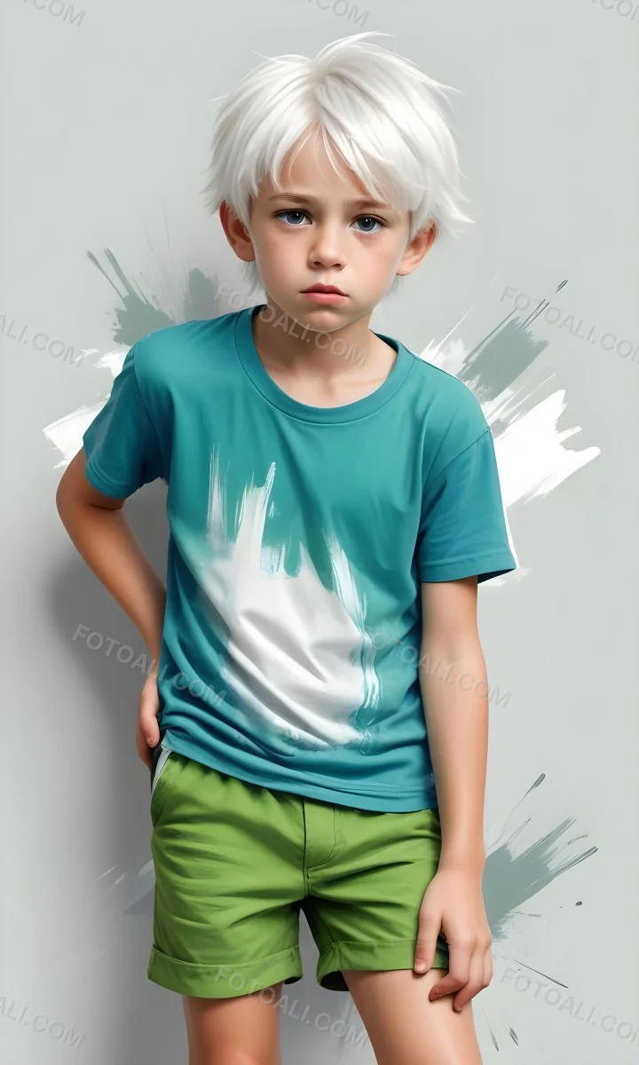 Digital Painting A Caucasian Boy Age 8 With White Hair Wearing A Green T Shirt And Blue Shorts Holding His Crotch With A Worried Expression White Background Bold And Slim Lines Brush Strokes 25 3d2b