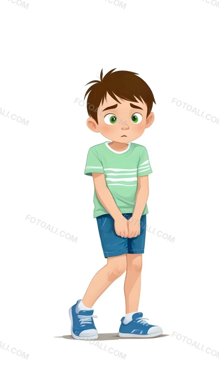 Digital Painting A Caucasian Boy Age 8 With White Hair Wearing A Green T Shirt And Blue Shorts Holding His Crotch With A Worried Expression White Background Bold And Slim Lines Brush Strokes 35 D950