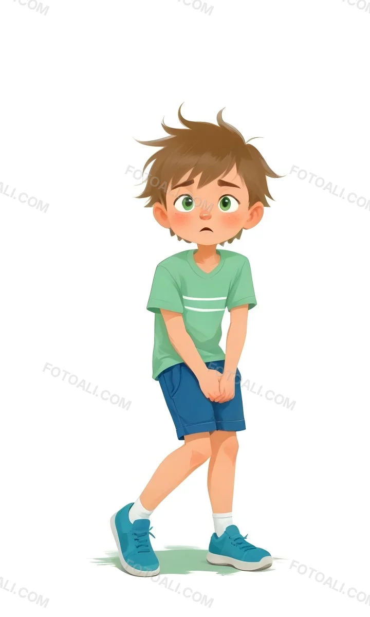 Digital Painting A Caucasian Boy Age 8 With White Hair Wearing A Green T Shirt And Blue Shorts Holding His Crotch With A Worried Expression White Background Bold And Slim Lines Brush Strokes 37 7d83