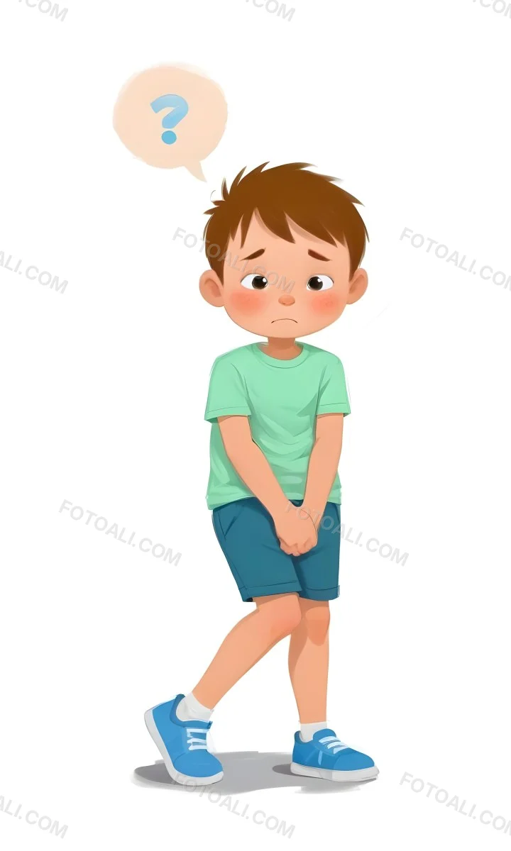 Digital Painting A Caucasian Boy Age 8 With White Hair Wearing A Green T Shirt And Blue Shorts Holding His Crotch With A Worried Expression White Background Bold And Slim Lines Brush Strokes 39 6f14